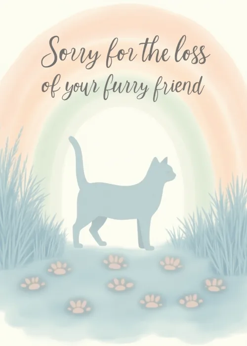 Soft watercolor illustration of a cat silhouette walking toward a rainbow arch with paw prints on the ground and text reading Sorry for the loss of your furry friend