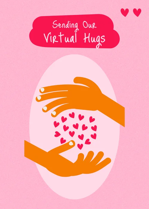 Virtual sending hugs thinking of you card with warm soft illustrated design featuring hugging or embrace imagery in loving warm tones with heartfelt sending hugs text