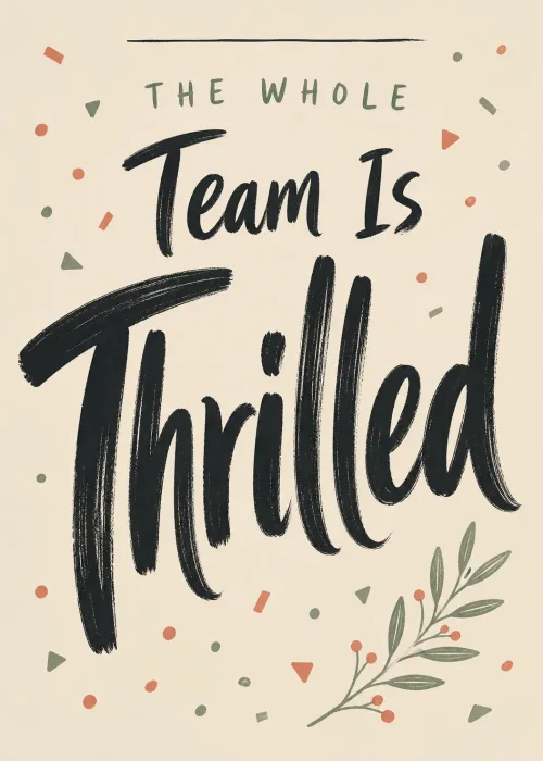 Bold hand-lettered congratulations message with scattered confetti and an olive branch