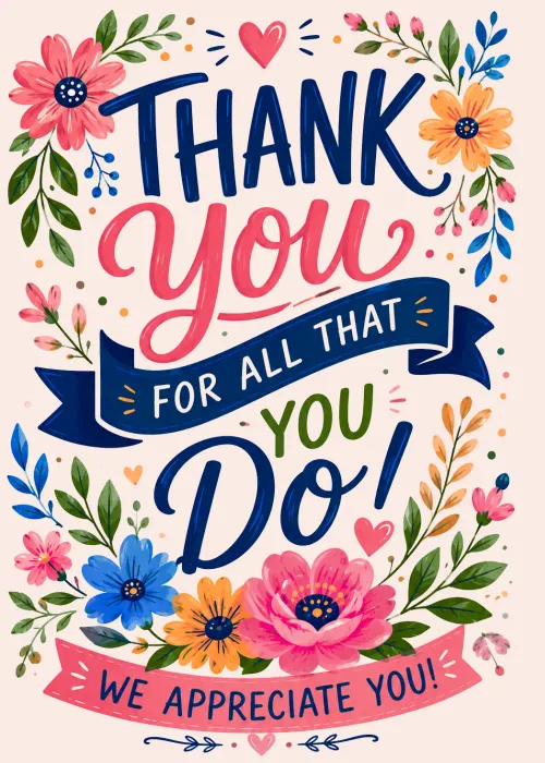 Hand-lettered thank you card with colorful typography and flowers in blue, pink, and coral