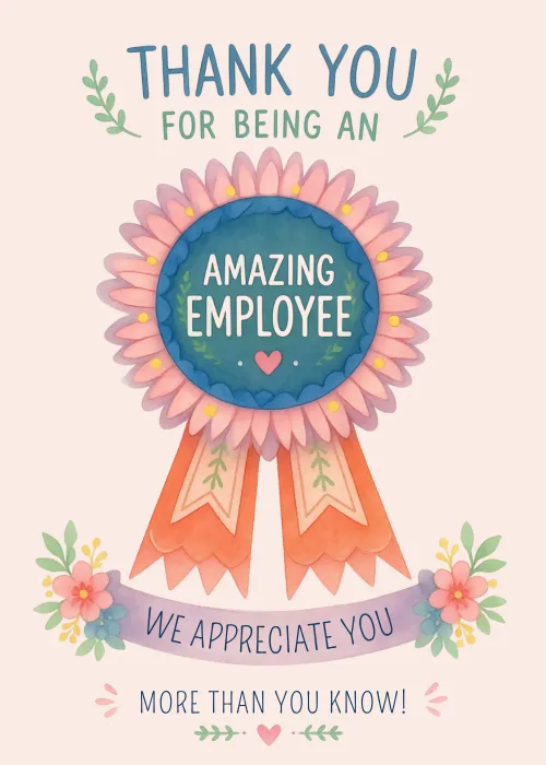 Blue and coral award ribbon with Amazing Employee center text, employee appreciation group card