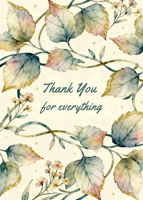 A dense watercolor floral wreath with the text Thank You for everything.