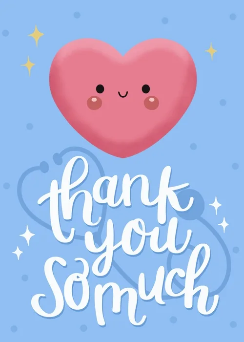 Sky blue card with a pink heart and hand-lettered thank you so much