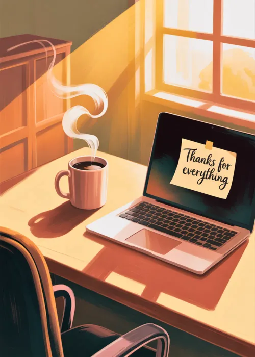 Sunlit desk with a thanks for everything sticky note thank you card