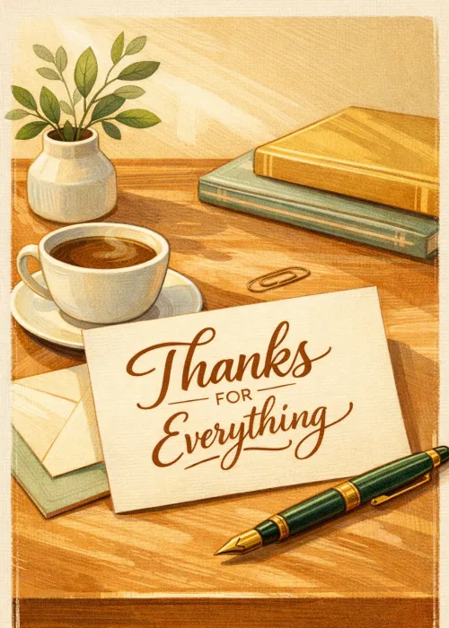 Handwritten Thanks For Everything note with coffee, fountain pen and books on a wooden desk