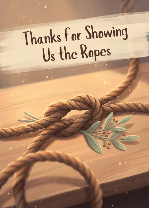 Coiled rope and knot on wooden boards with banner text Thanks for Showing Us the Ropes