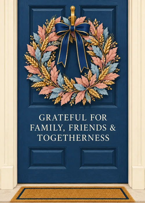 Thanksgiving card with a wheat and autumn leaf wreath and navy bow on a blue front door above a welcome mat