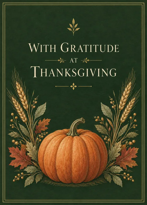 Thanksgiving card with a large orange pumpkin, wheat stalks and autumn leaves on dark green with a gold border