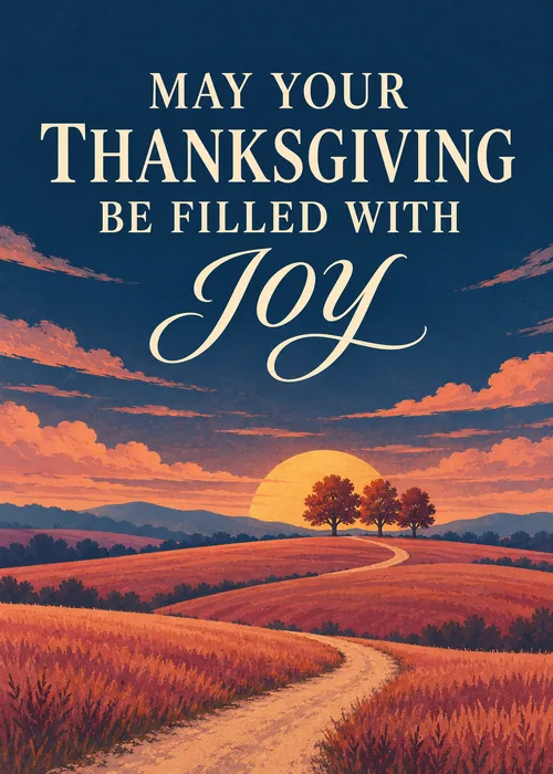 Thanksgiving card with navy sky, glowing sunset, autumn hills and a winding country road, joy script text