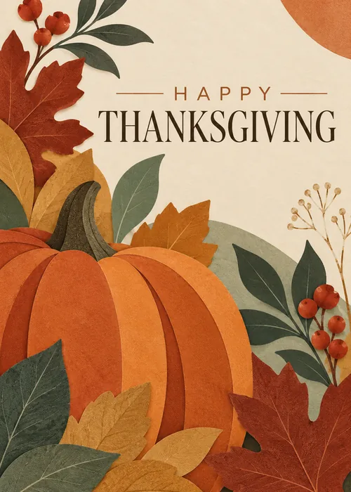 Thanksgiving card with layered paper cut orange pumpkin, autumn leaves and red berries on cream