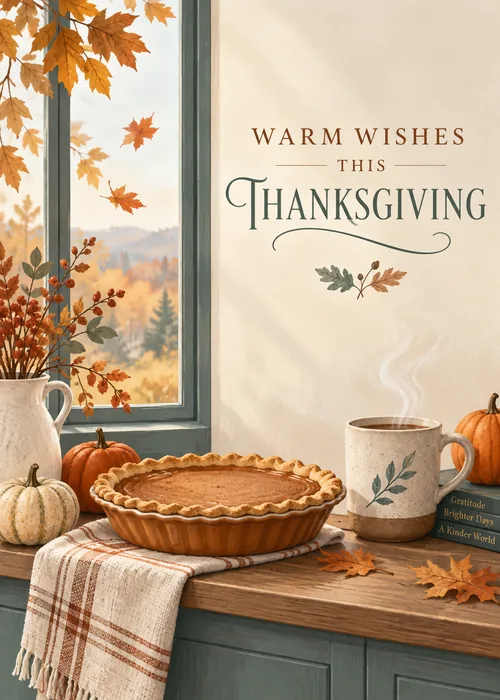 Thanksgiving card with pumpkin pie, steaming mug, pumpkins and autumn window view in warm cream and teal