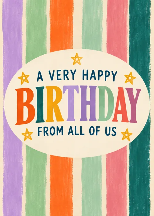 Birthday card with hand-painted stripes in lilac, coral, orange and teal and text A very happy birthday from all of us