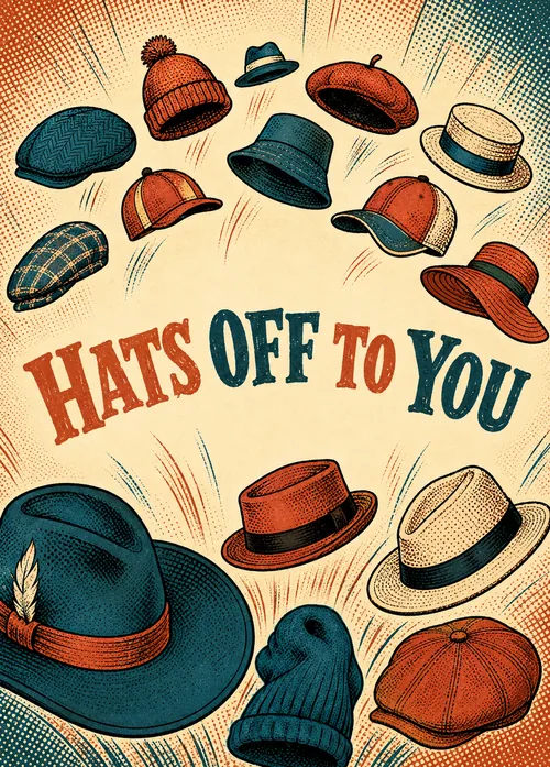 Vintage hats in rust and teal arranged in an arc above bold Hats Off To You lettering