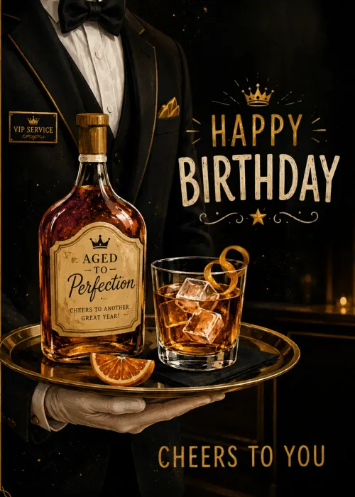 Tuxedoed butler with whiskey on a gold tray for a VIP happy birthday card