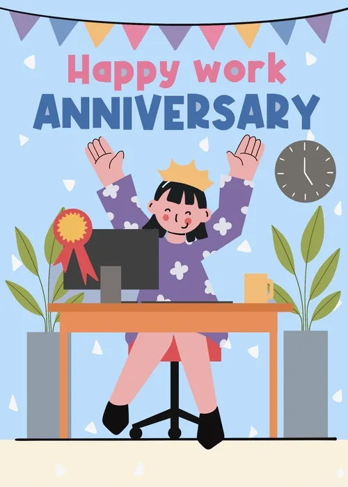 Animated illustration of a cheerful woman wearing a crown celebrating at her office desk with bunting, an award ribbon, plants, and confetti on a light blue background with Happy Work Anniversary text