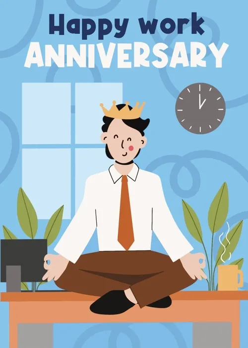 Animated illustration of a man in shirt and tie meditating on an office desk with a crown, plants, and a wall clock on a blue background with Happy Work Anniversary text