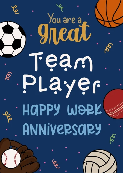 Animated sports-themed work anniversary card with soccer ball, basketball, baseball, cricket ball, and volleyball on a dark navy background with colorful confetti and team player text