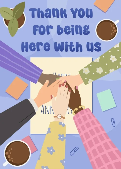 Animated illustration of diverse team hands stacked together over an office desk with coffee cups, a plant, and a Happy Anniversary card on a purple background with Thank You For Being Here With Us text
