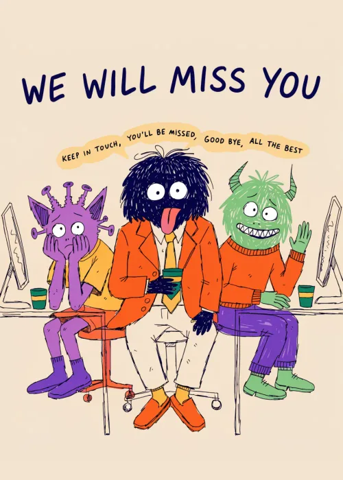 A group of colorful monsters in an office setting with the text We Will Miss You.