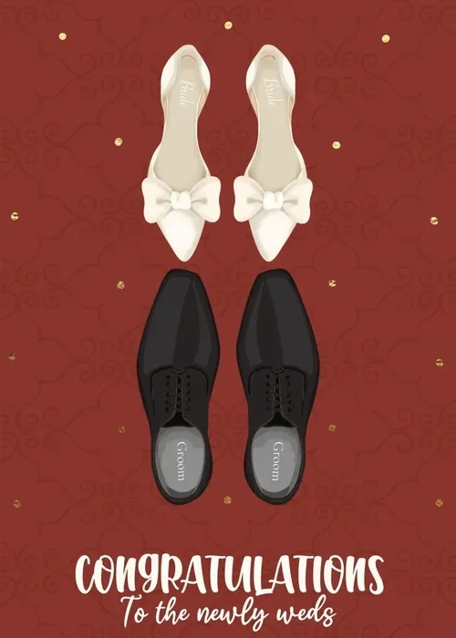 Animated illustration of white bridal bow heels and black groom dress shoes on a maroon background with gold dots and Congratulations to the Newly Weds text