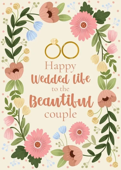 Animated floral wreath of pink and coral flowers surrounding gold wedding rings with Happy Wedded Life text on a cream background