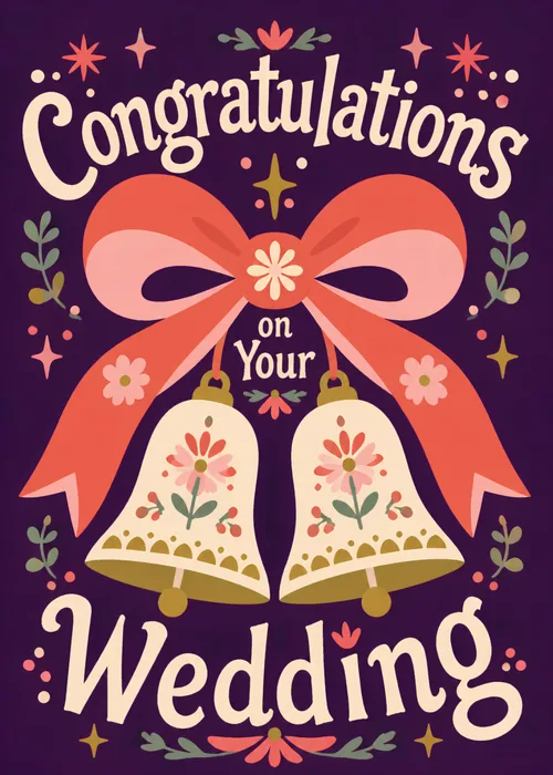 Coral bow and ribbon above two floral wedding bells on a deep plum background