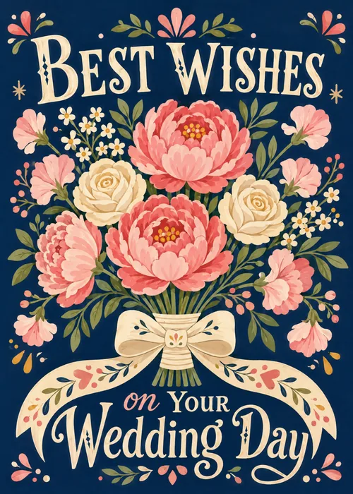 A folk art bouquet of peonies and roses tied with ribbon on a navy background, Best Wishes on Your Wedding Day