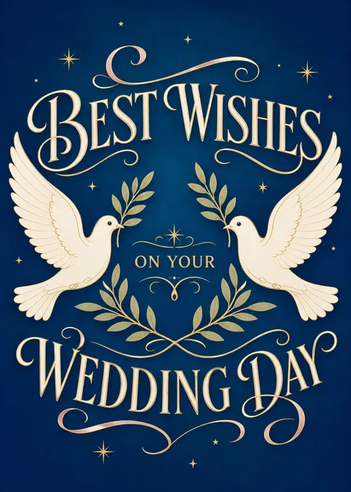 Navy wedding card with golden doves carrying olive branches and script lettering