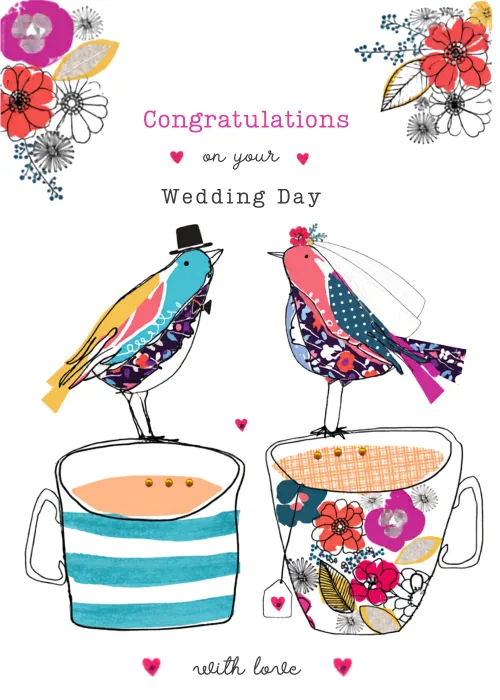 Two illustrated wedding birds perched on floral teacups, congratulations on your wedding day