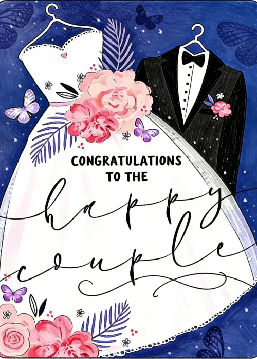 Wedding gown and black tuxedo on hangers with pink roses and butterflies on a dark navy background