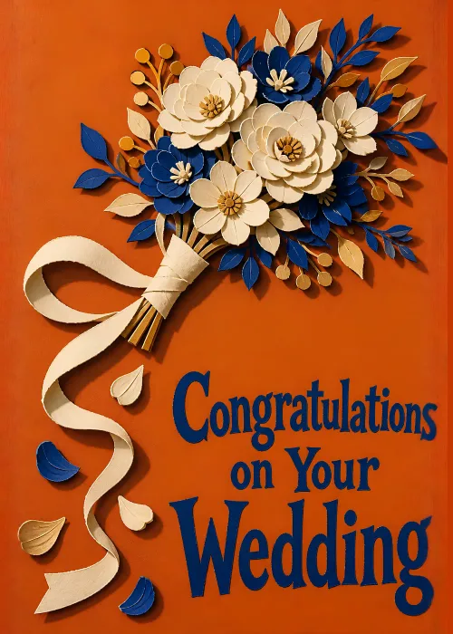 Paper-cut bouquet of cream and navy flowers on terracotta, Congratulations on Your Wedding text