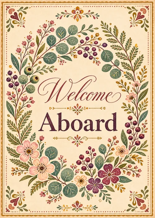 Elegant floral wreath of eucalyptus and berries framing Welcome Aboard script