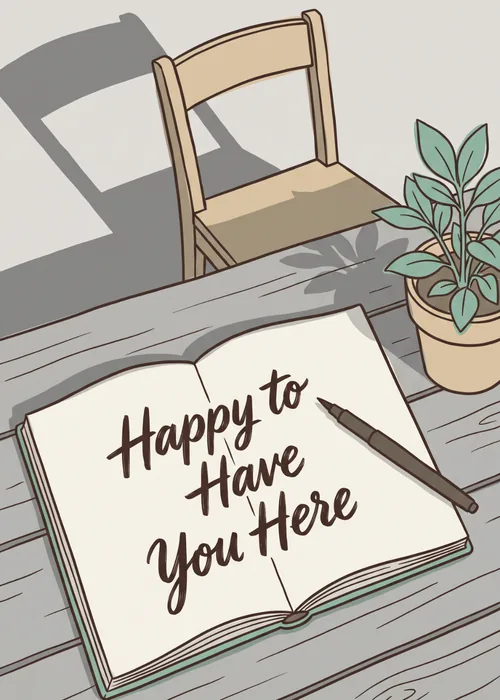 Illustrated desk scene with an open journal reading Happy to Have You Here