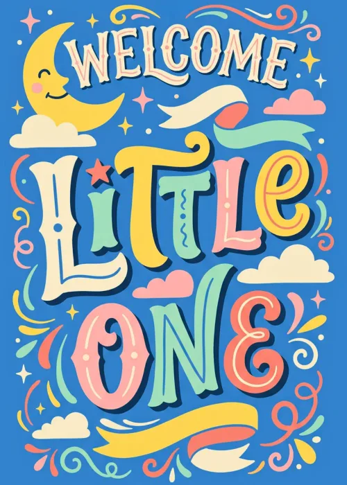 Smiling crescent moon and clouds with pastel Welcome Little One lettering on blue
