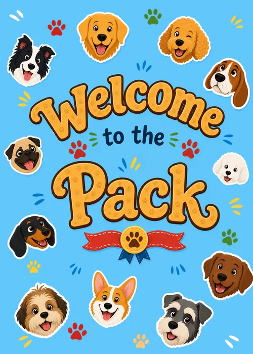 Colorful cartoon dog faces surround Welcome to the Pack lettering on blue