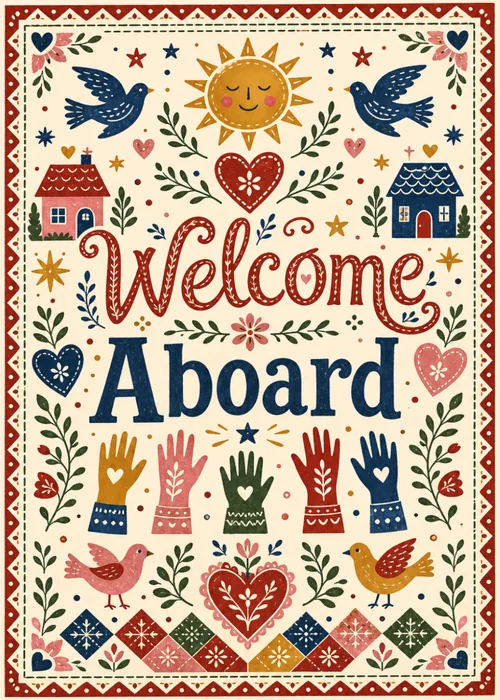 Folk art welcome card with birds, sun, hearts, houses, and raised hands in red, blue, and gold