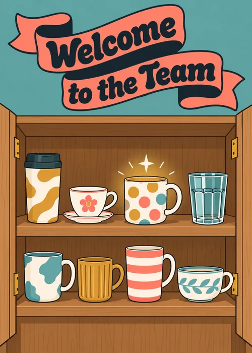 An open cupboard filled with mismatched colorful mugs beneath a Welcome to the Team banner