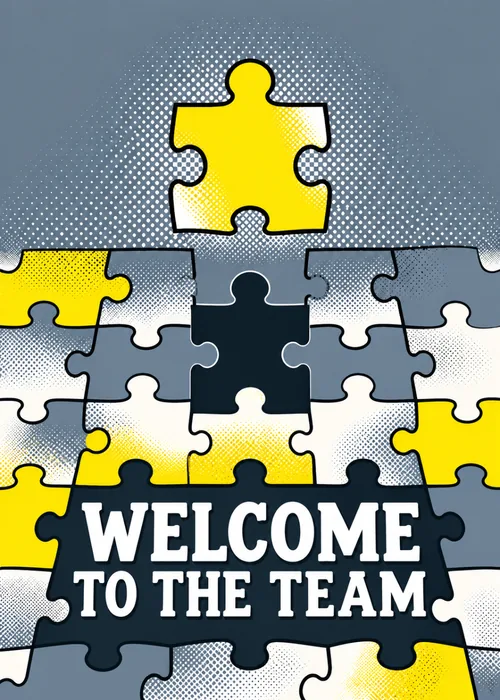 Bold pop art puzzle piece hovering above its empty spot in yellow, navy, and gray