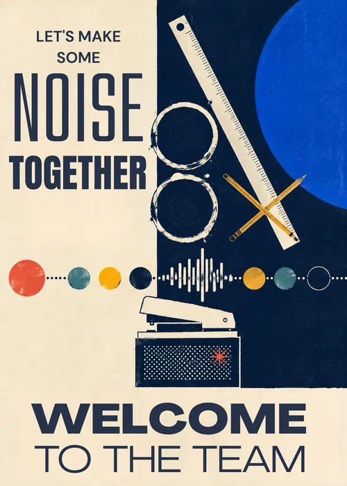 Retro poster with crossed ruler, pencils, and sound wave welcoming a new team member