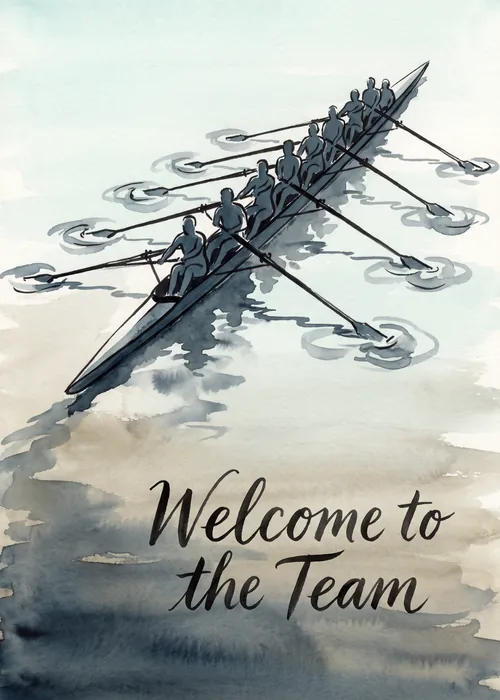 Watercolor rowing crew gliding across calm water beneath a Welcome to the Team greeting