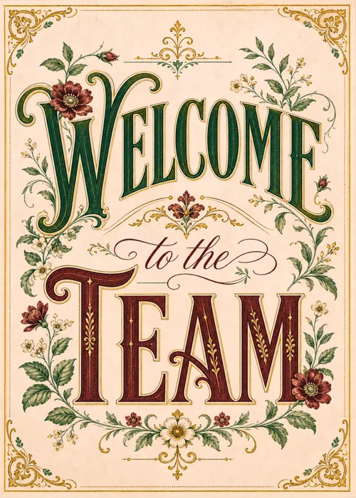 Ornate emerald and burgundy Welcome to the Team lettering framed by vintage florals