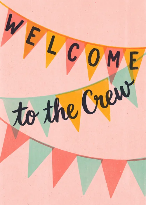 Pink welcome card with layered coral, mint, and gold pennant banners