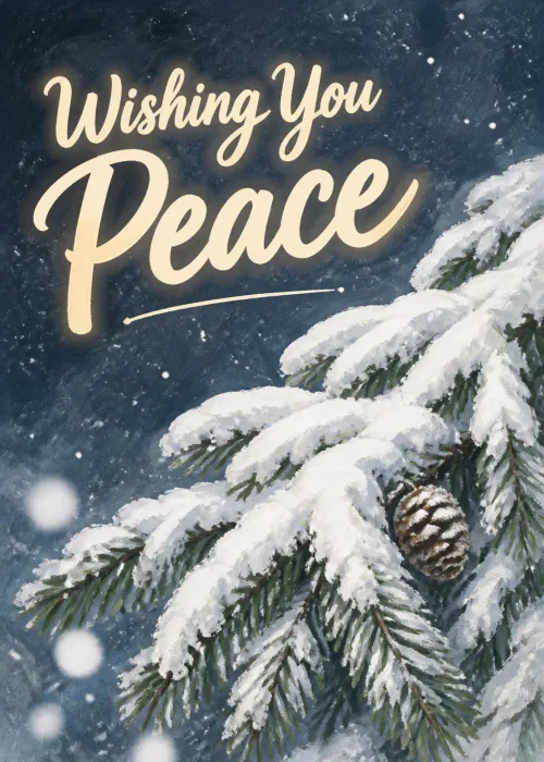 Snow-covered pine bough with a pinecone glowing beside Wishing You Peace script on a starry night sky