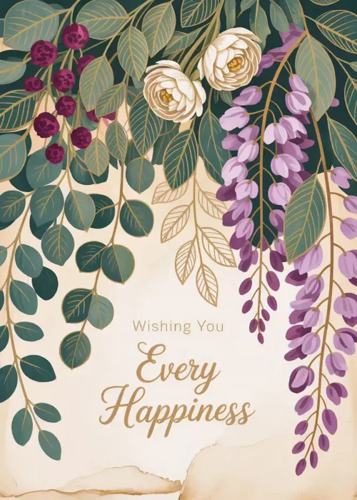 Elegant best wishes card with cascading wisteria white roses florals and Wishing You Every Happiness message