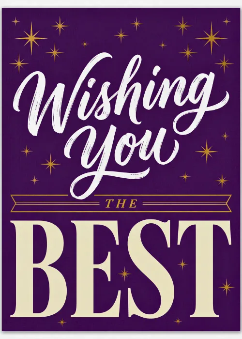 Best wishes card with cream Wishing You the Best typography and gold stars on deep purple background