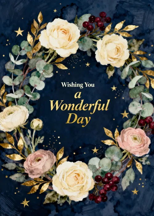 Elegant birthday card with cream pink rose wreath gold accents on navy and Wishing You a Wonderful Day message
