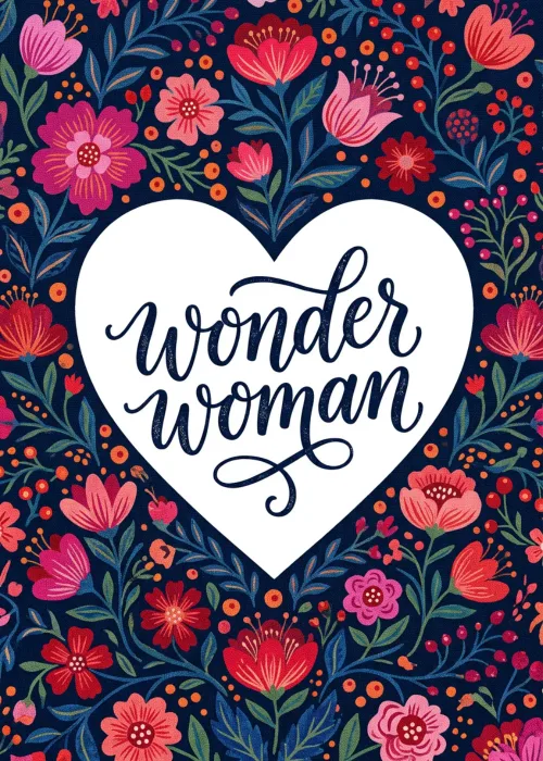 Wonder woman script inside a white heart on a navy floral pattern for an appreciation card