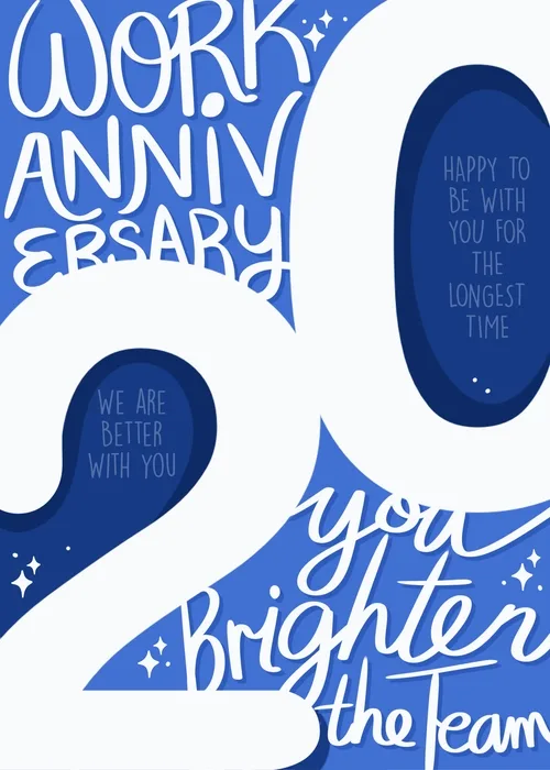 Blue typographic card with a large 20 reading We Are Better With You and You Brighten The Team