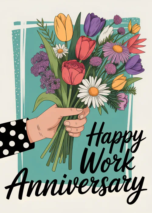 Work anniversary card with illustrated hand offering a colorful bouquet of tulips and wildflowers on teal background