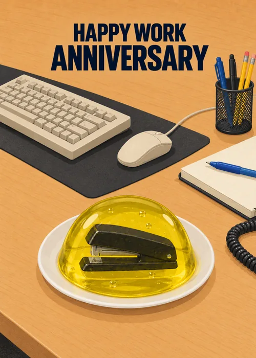 Stapler set in yellow jello on a plate beside a keyboard, mouse, and notebook